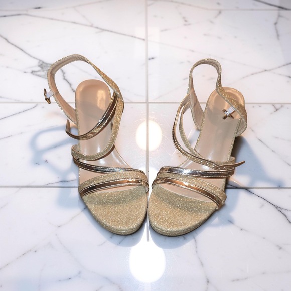 Unbranded Shoes - Gold Glitter Platform Sandals Strappy Block Heel Evening Dress Shoes